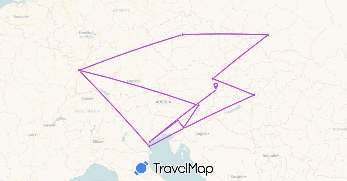 TravelMap itinerary: driving, train in Austria, France, Hungary, Italy, Slovenia (Europe)